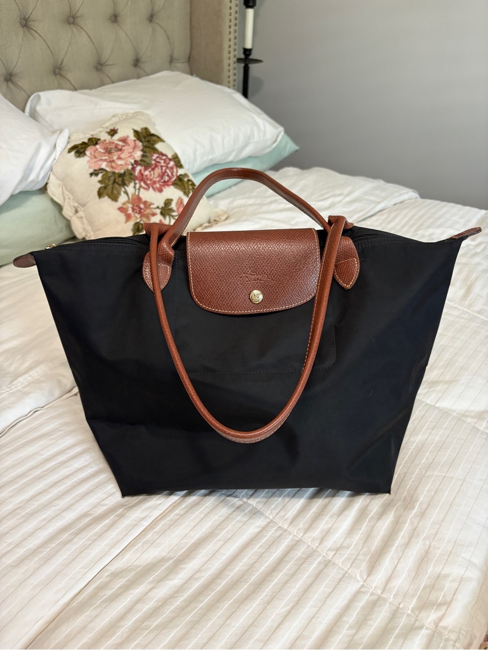 Longchamp Le Pliage Shopping Modele Depose Folding Bag Black Tan